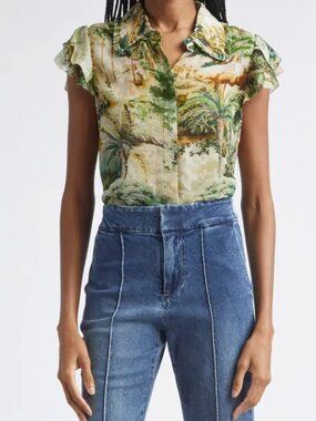 ✨Designer Silky Top ESCADA Floral Rio Print Short Sleeve Button Up Dress Shirt ✨